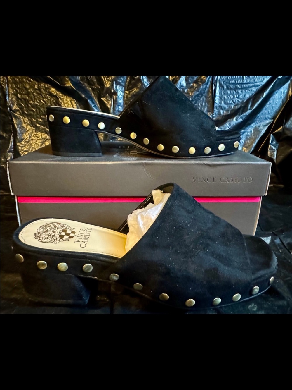 Vince Camuto Black Suede Studded Slip-On Mules
